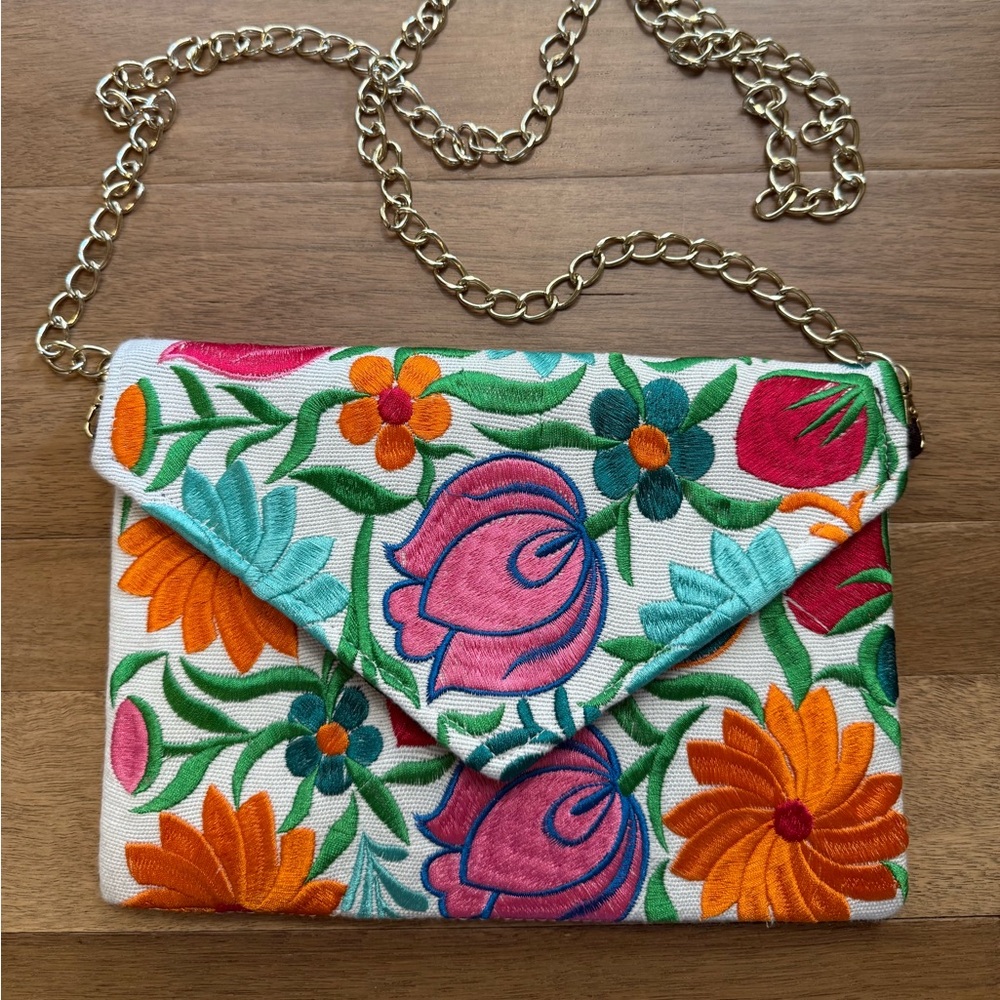 Mexican Embroidered Floral Handbag with gold chain